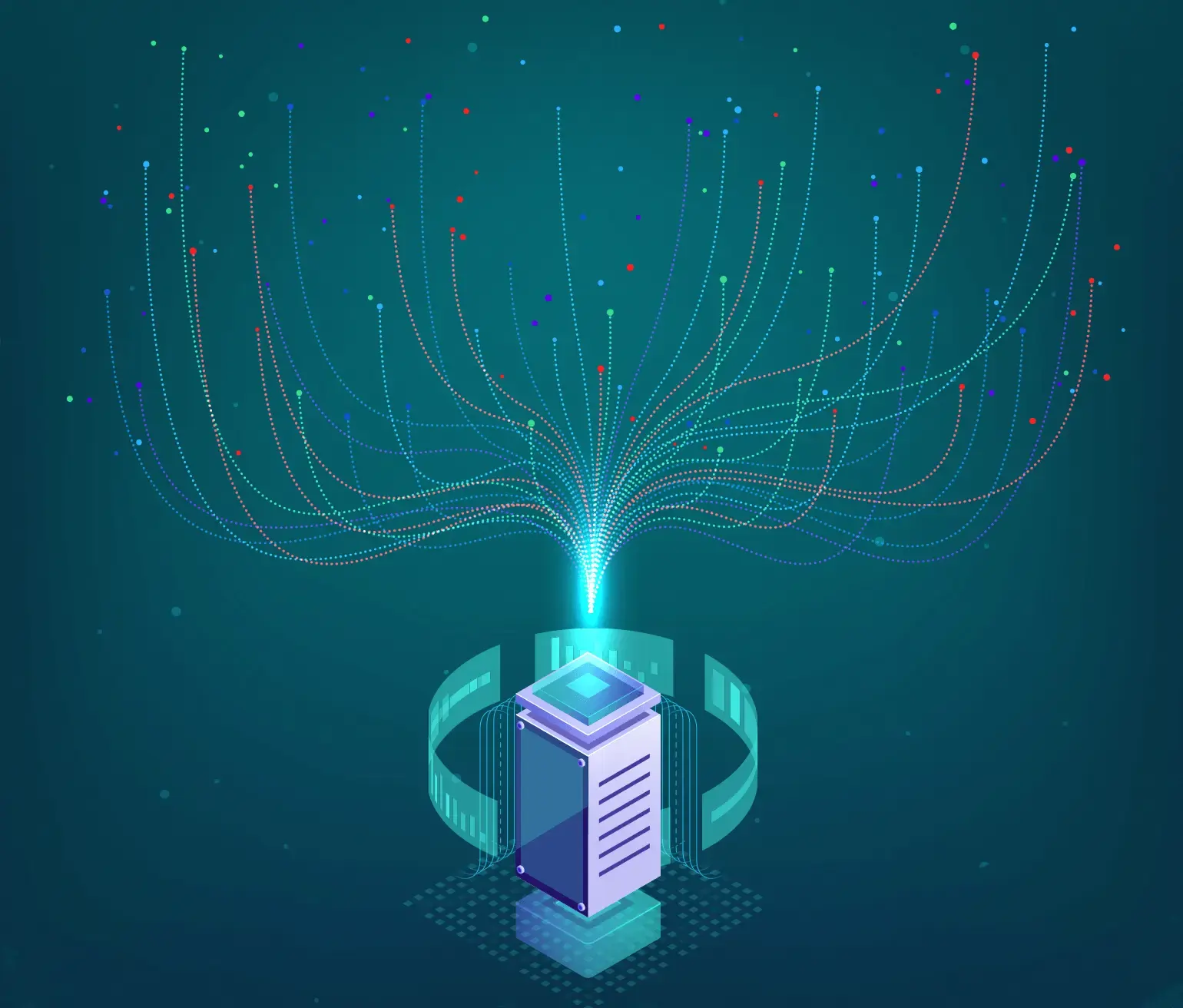 Illustration of a server with data streams flowing into the air, symbolizing data processing or transfer in a digital network