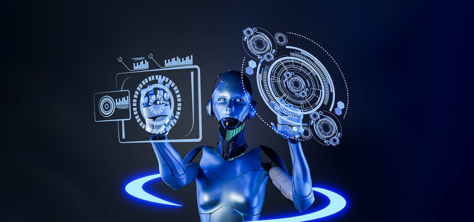 A woman displaying a device with a blue background, illustrating the concept of AI enhancing cybersecurity.