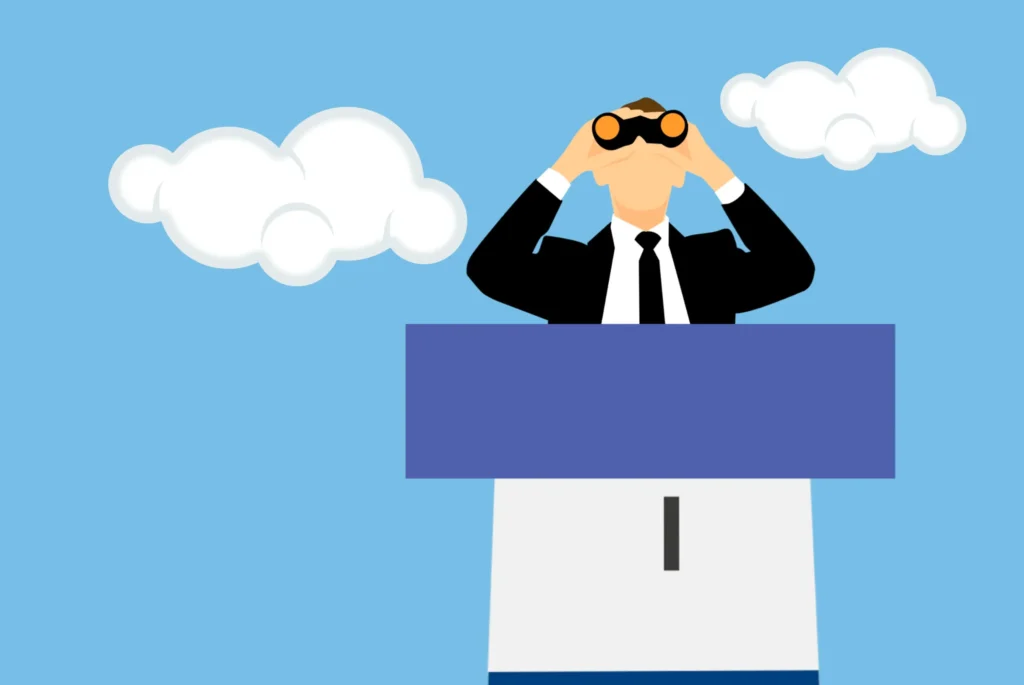 A man in a business suit standing on a platform, using binoculars to observe the sky